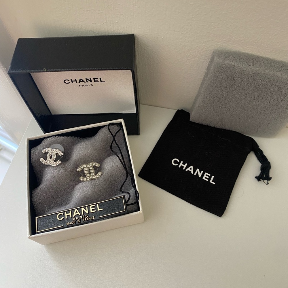 CHANEL Silver and Crystal Logo Stud Earrings